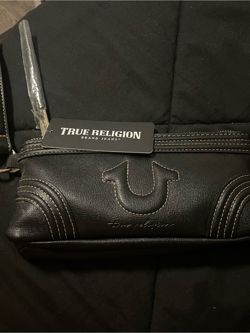 True Religion Black Leather Belt Bag with Horseshoe Stitching